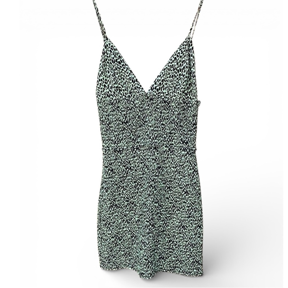 AFRM Leopard Print Smocked Mini Dress Green Y2K Bodycon - Picture 2 of 13